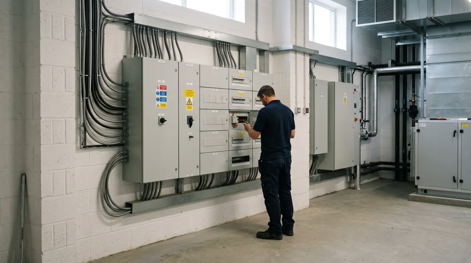 Three-phase distribution board in a commercial plant room