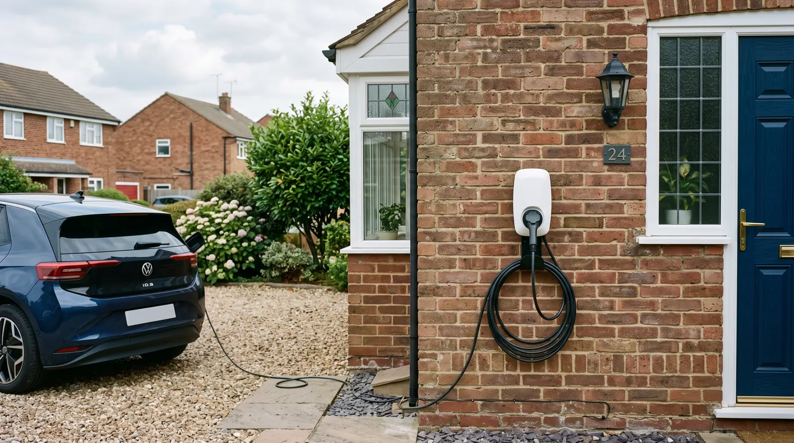 Wall-mounted EV chargepoint fitted to the outside of a brick house